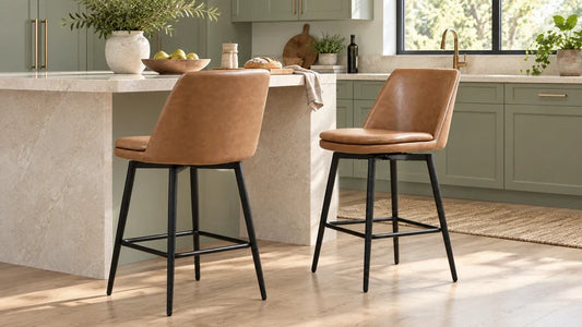 Two brown Eli counter stools with black legs at a light kitchen counter.
