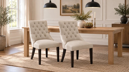 Two beige button-tufted dining chairs paired with a simple wood table and black pendant lights.