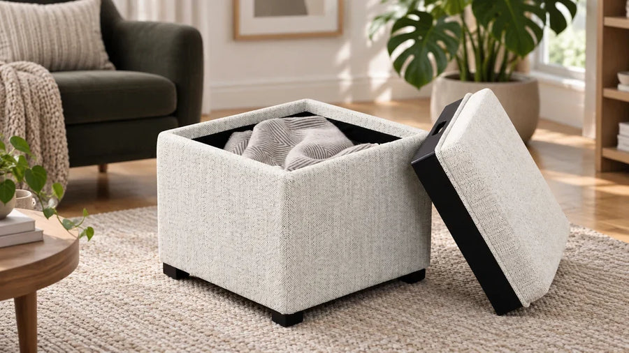 Ivory Cube Storage Ottoman with its removable top leaning beside the open compartment.