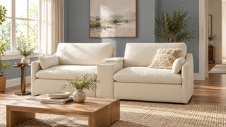 Cream Kenna two-seat modular sofa with a wood coffee table in a blue-gray living room.