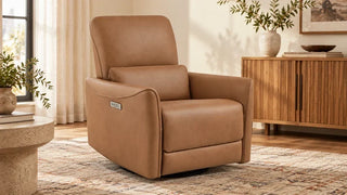 Tan Tracee recliner with its side controls visible