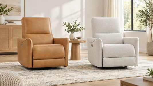 Tan and ivory Tracee recliners beside a wood table in a bright living room