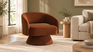 Rust-colored swivel accent chair beside a cream sofa, olive wall, and ivory rug.