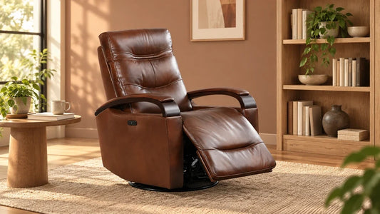 Dark brown Gentry recliner with its footrest extended in a warm reading room