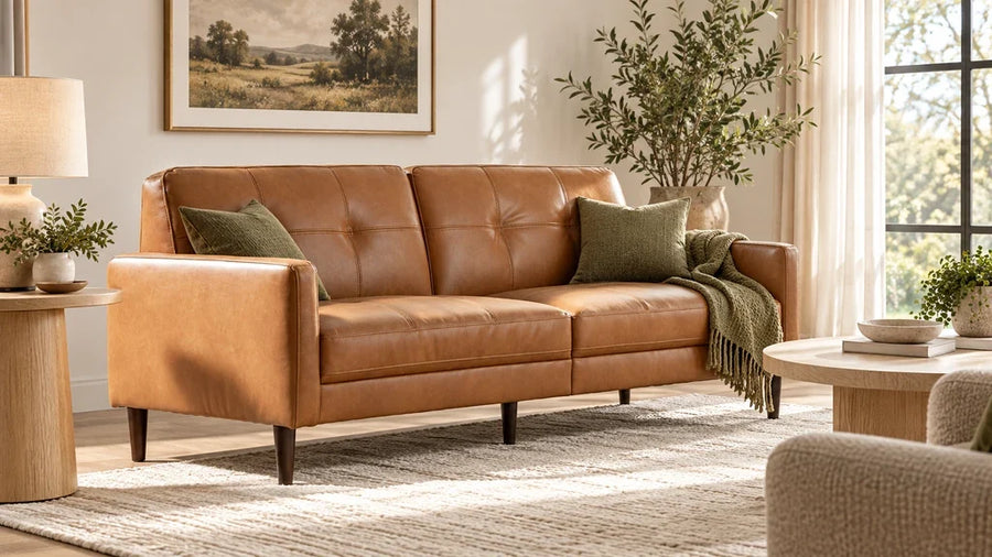 Caramel leather sofa with olive cushions, cream curtains, and an ivory rug.