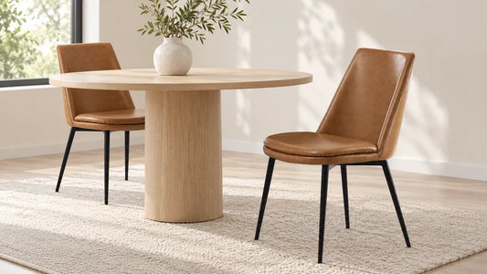 Brown Eli dining chairs beside a round oak table