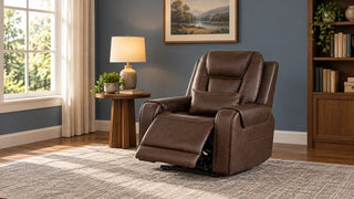 Brown Davin recliner with a partly extended footrest beside a lamp