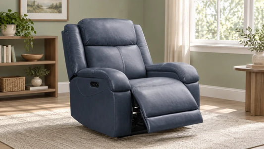 Blue-gray Isaac recliner with a partly extended footrest