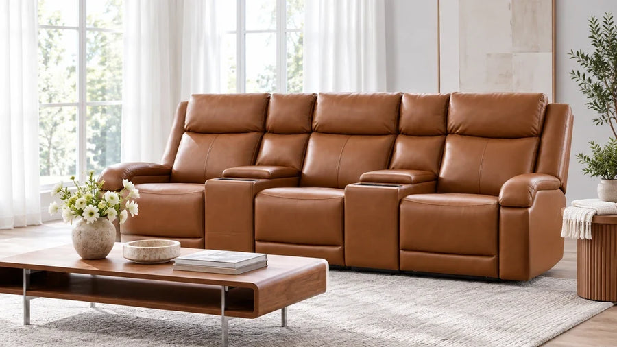 Brown Isaac leather sofa in a bright sitting room