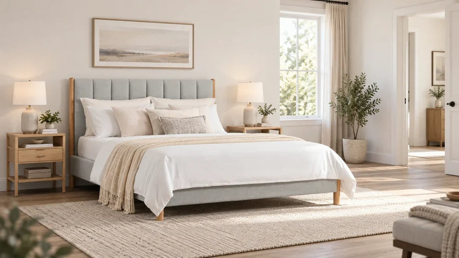 Gray upholstered bed with wood posts against a solid wall, two nightstands, a side window, and an offset open doorway.