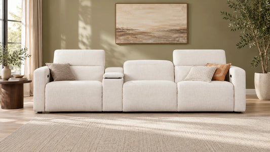 Oliver white reclining sofa in a contemporary living room.