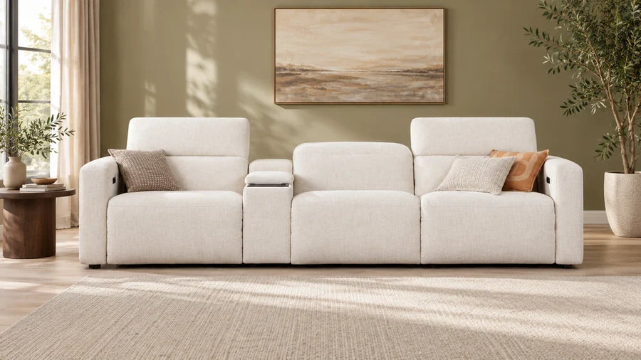 Oliver white reclining sofa in a contemporary living room.