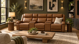 Brown Isaac sofa with two center consoles in a media room