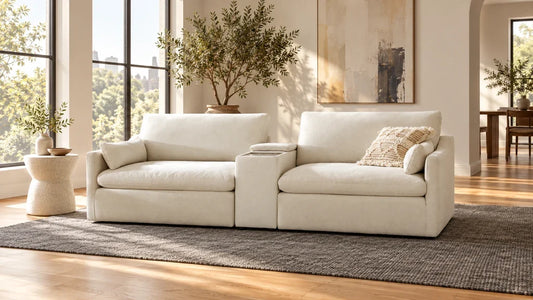 Cream modular sofa with a center console in a sunlit living room with oak flooring.