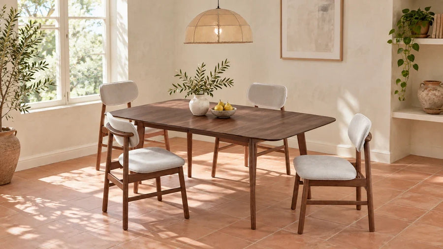 Walnut dining table and four upholstered wood chairs in a bright dining nook.
