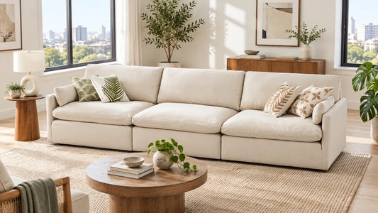 Cream Kenna three-seat modular sofa in a bright apartment living room.