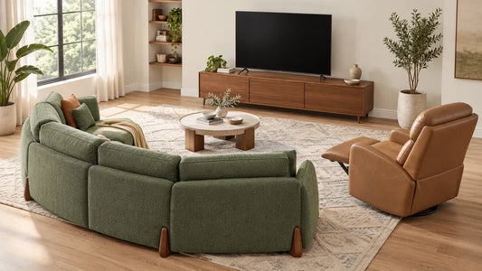 Green Teleri sofa and tan Maxwell recliner arranged around a television with open floor space