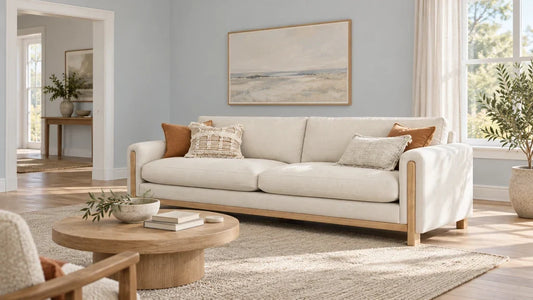 Ivory sofa with an exposed wood base in a pale blue-gray living room with an open doorway.