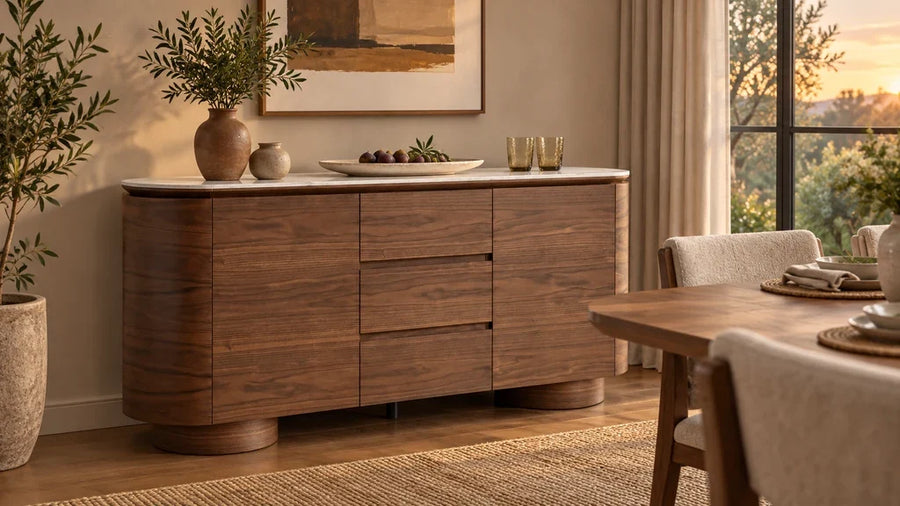 Todd walnut sideboard with serving dishes in a dining room