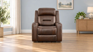 Dark brown Garrison lift chair upright in a bright room with open floor space