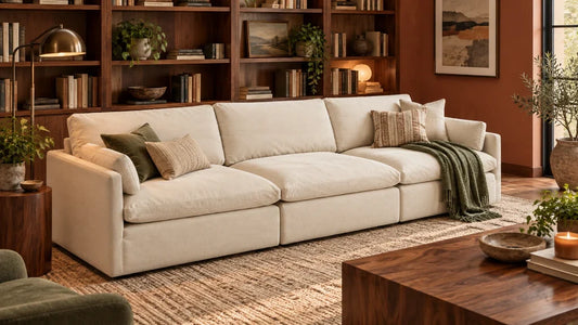 Cream Kenna deep-seat sofa beside walnut shelving in a reading room.