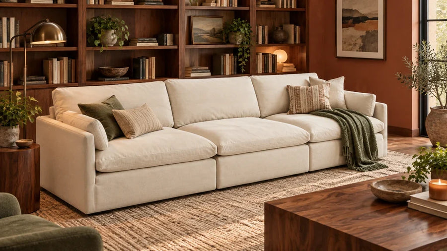 Cream Kenna deep-seat sofa beside walnut shelving in a reading room.