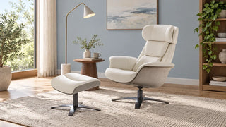 Ivory Elvin reclining lounge chair and ottoman in a reading corner
