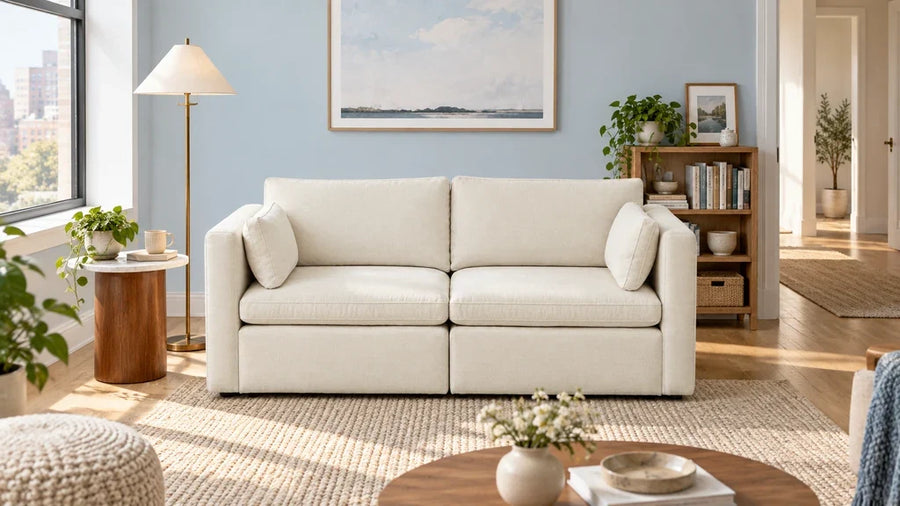 Cream Delaney two-seat sofa beside a clear walkway in a compact apartment.