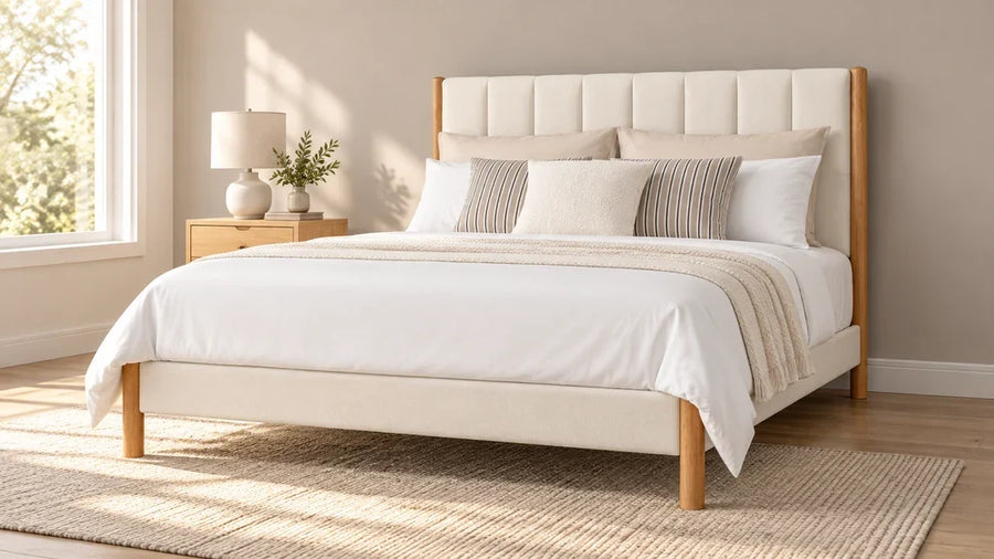Cream upholstered bed with wooden legs and side rails visible above a light floor.