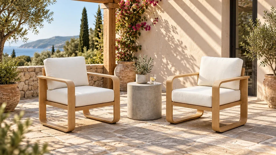 Two Dylan outdoor armchairs with pale cushions under a pergola