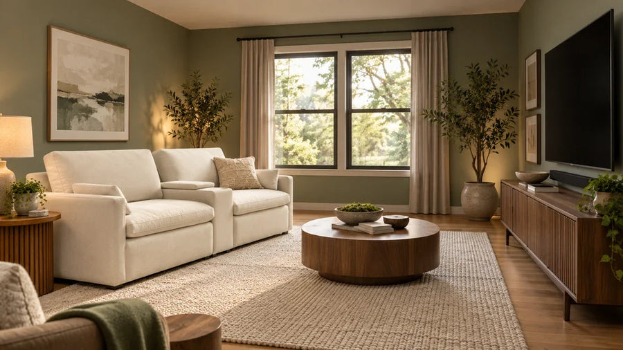 Cream sofa with a center console facing a television across a green media room.