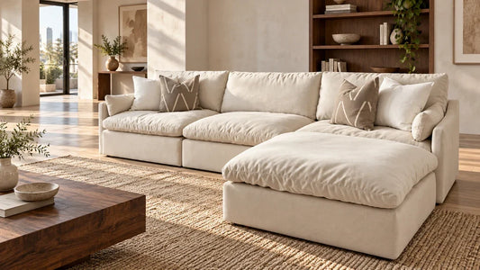 Cream Kenna sofa-chaise sectional in a sunlit apartment with a clear entrance