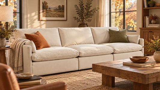 Cream Kenna sofa with rust and olive pillows and an oatmeal throw in a fall living room.
