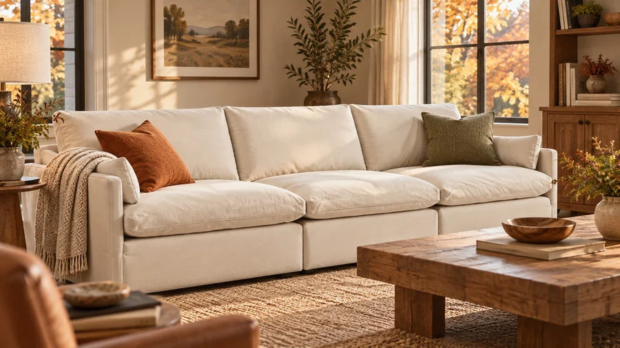 Cream Kenna sofa with rust and olive pillows and an oatmeal throw in a fall living room.