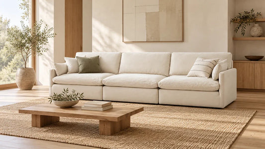 Cream Kenna modular sofa with a wood coffee table and woven rug in a Japandi-style living room.