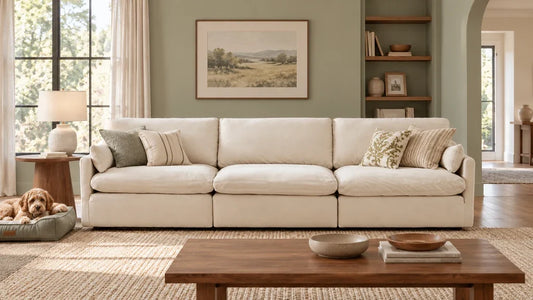 Cream Kenna three-seat sofa beside a dog resting in a separate pet bed