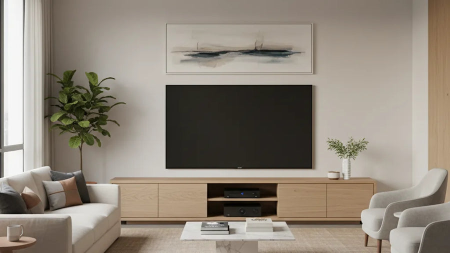 Wall-mounted television above a light wood media console.