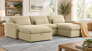 Cream Ivy modular sectional with matching ottomans in a bright family room