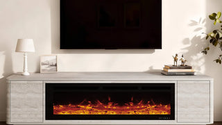 Television mounted above a light electric-fireplace cabinet.