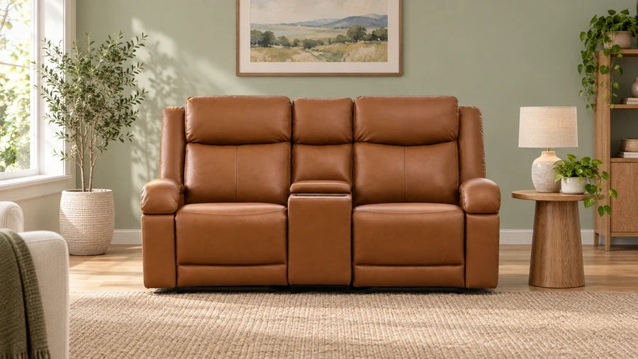 Brown leather reclining loveseat with a center console in a living room with sage walls and light wood flooring.