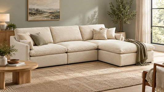Cream sectional sofa with loose back cushions and a right-side chaise in a sunlit living room.