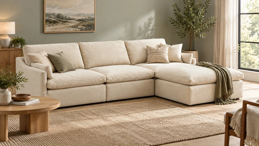 Cream sectional sofa with loose back cushions and a right-side chaise in a sunlit living room.