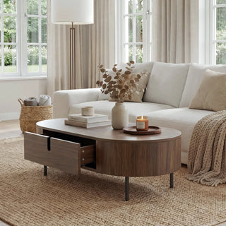Editorial hero image for an article about 2026 coffee table trends for working from the couch.