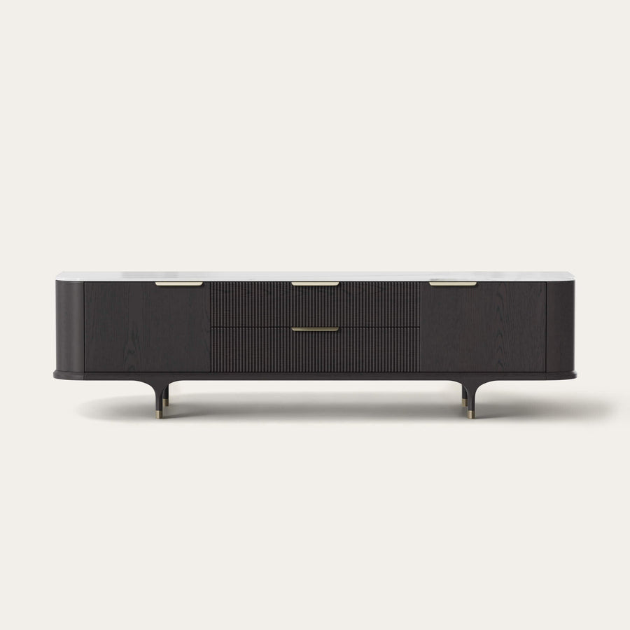 Fluted media console presented as a TV-storage option