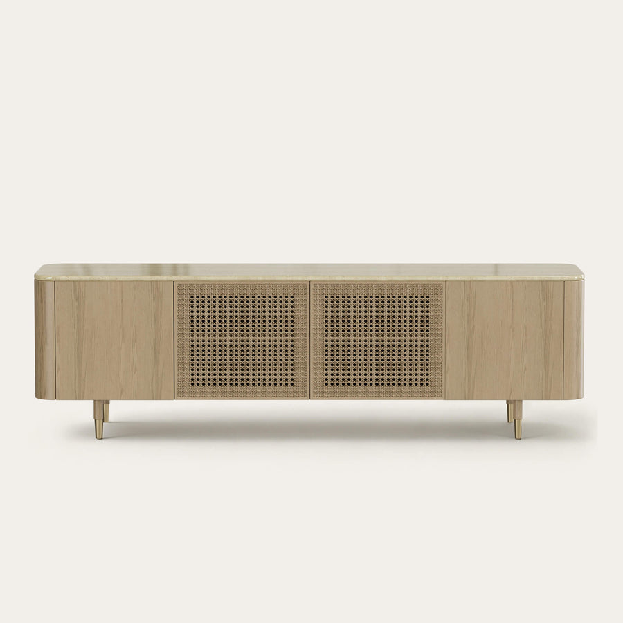 The woven cabinet doors provide a recognizable furniture example for the cleaning instructions.