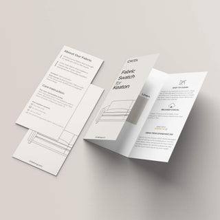 A light beige textured upholstery swatch and care-instruction brochure introduce the fabric-care topic.