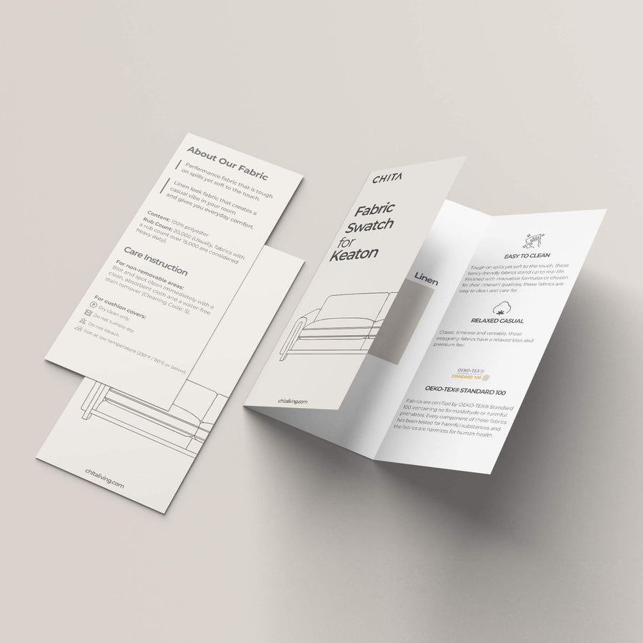 A light beige textured upholstery swatch and care-instruction brochure introduce the fabric-care topic.