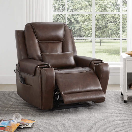 Davin Power Lift Assist Infinite Position Recliner - Davin Power Lift Assist Recliner in rich brown leather, partially reclined in a sunlit living room - CHITA Living