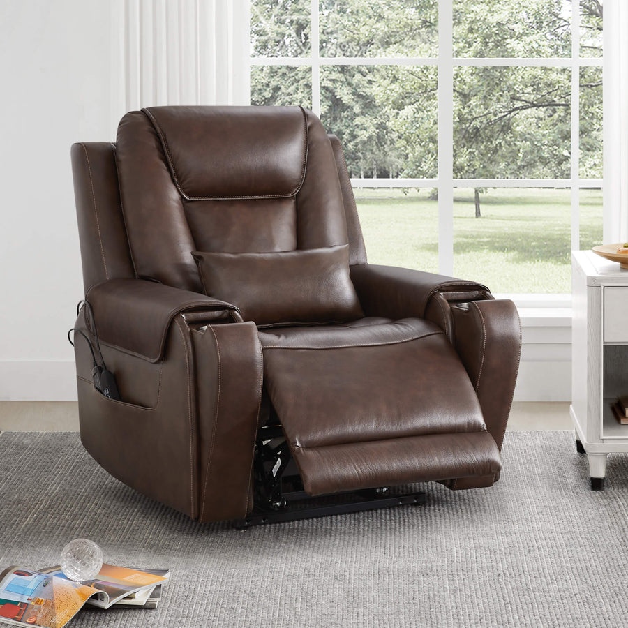 Davin Power Lift Assist Infinite Position Recliner - Davin Power Lift Assist Recliner in rich brown leather, partially reclined in a sunlit living room - CHITA Living
