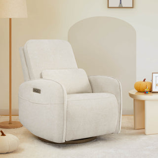 Errol Power Swivel Nursery Glider Recliner - The Power Swivel Nursery Glider Recliner, in soft beige fabric, offers a cozy spot for relaxation.
